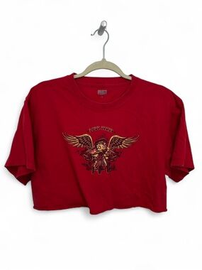 Brisco Betty Boop Winged Biker Love Hurts Red Graphic Cropped Tee Shirt